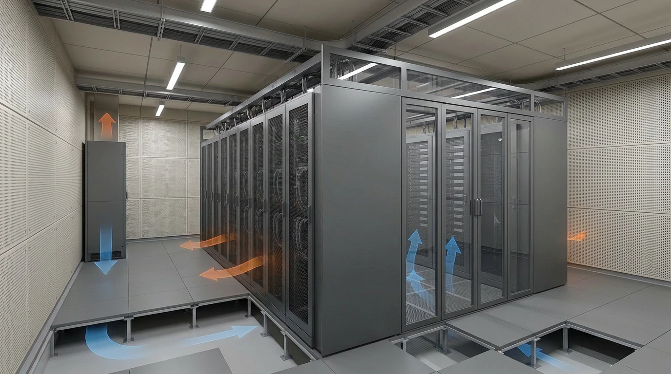 DatBox-Konzept: freistehende Kaltgangeinhausung, Wartungsgang, Akustikpaneele und angeschnittener Doppelboden