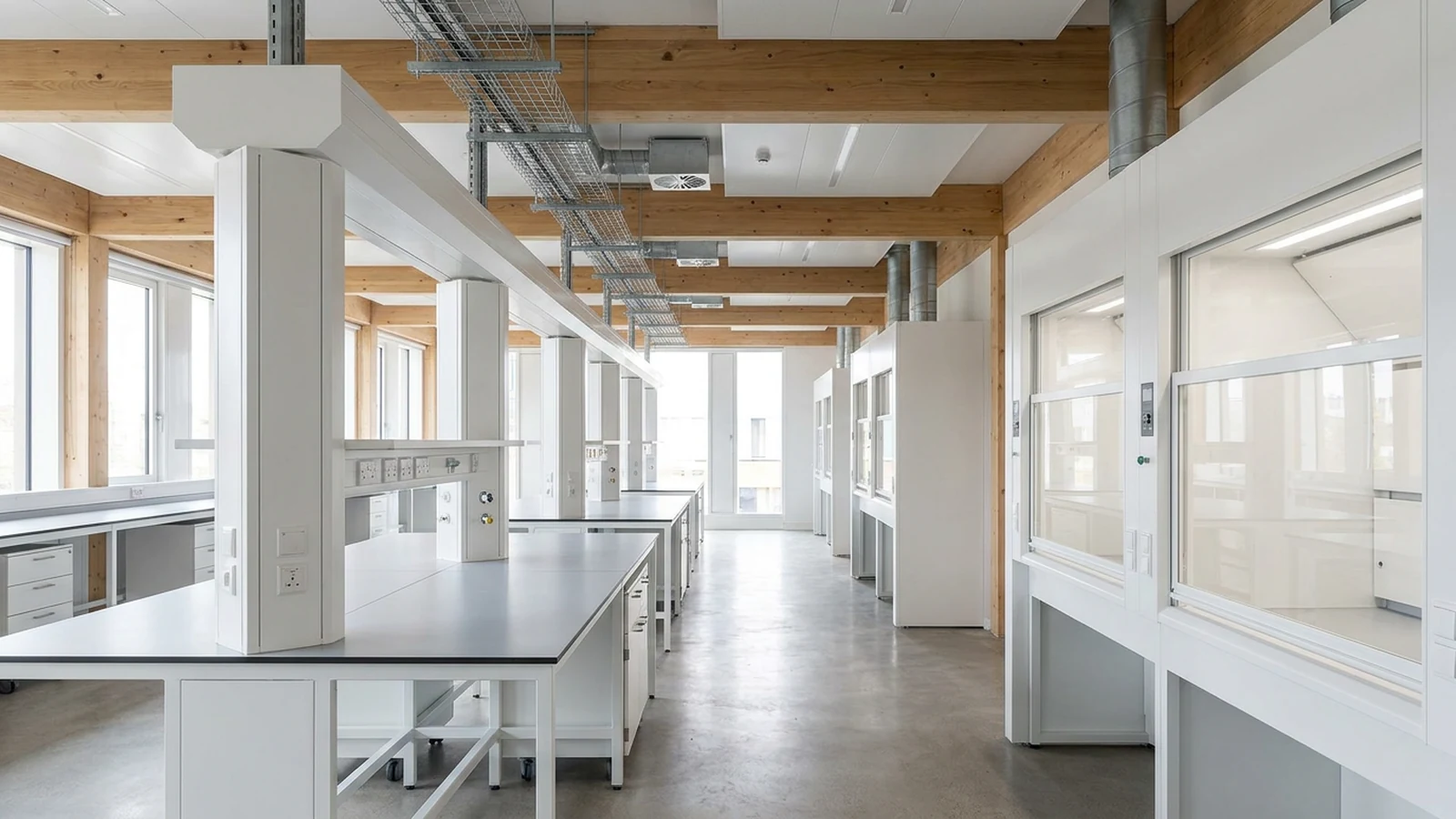 Labbox: alternative Arbeitszone mit Medienportalen und verglasten Abzügen